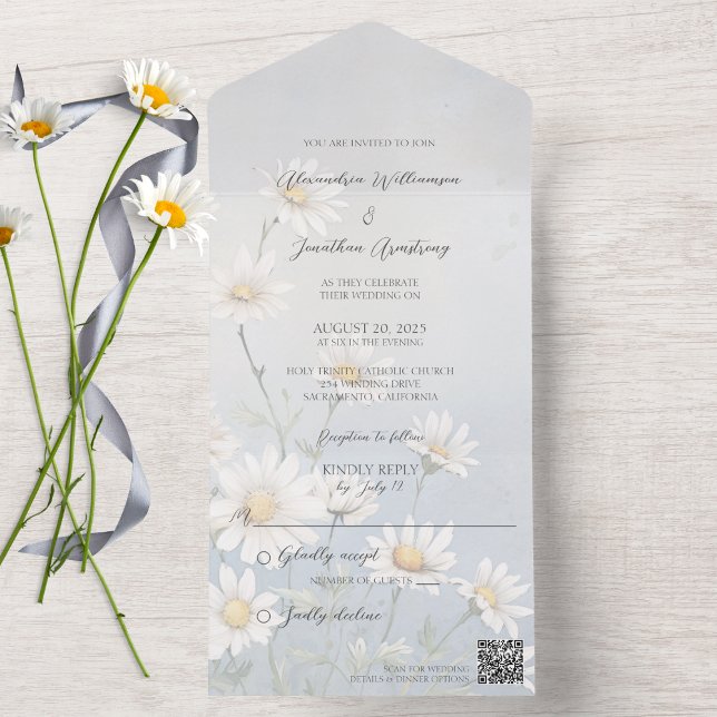 Wild Daisies on Pale Gray QR Code  All In One Invitation (Also available without QR code. )