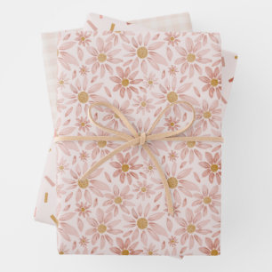 Wild Daisy Boho Floral, Gingham and Confetti Wrapping Paper Sheets