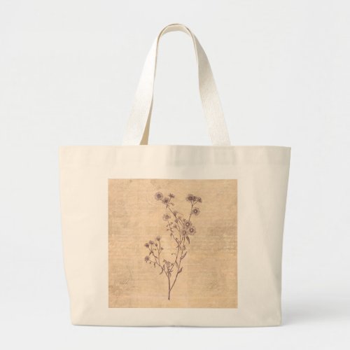 Wild Daisy Flower Wildflower Antique Script Paper Large Tote Bag