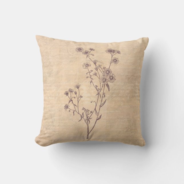 Wild Daisy Flower Wildflower Antique Script Paper Throw Pillow (Front)