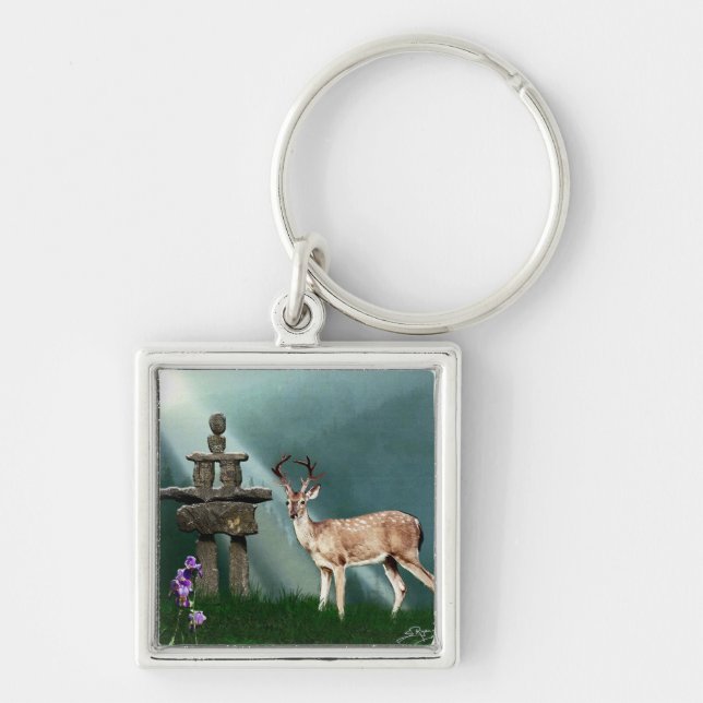 Wild Deer & Inukshuk Wilderness Gift Item Keychain (Front)