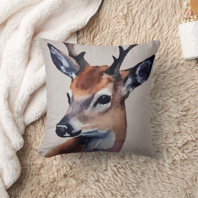 Wild Deer Portrait Watercolor Painting, Deer Throw Pillow (Blanket)