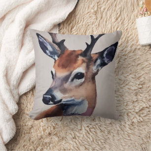 Wild Deer Portrait Watercolor Painting, Deer Throw Pillow