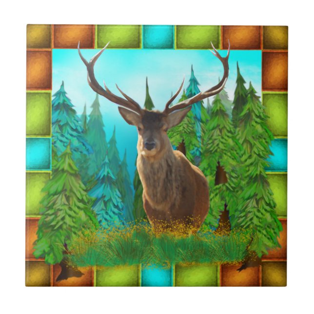 Wild Deer with big Antlers Ceramic Tile (Front)