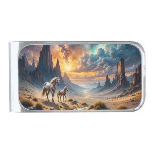 Wild Desert Mare and Foal sunset landscape Silver Finish Money Clip