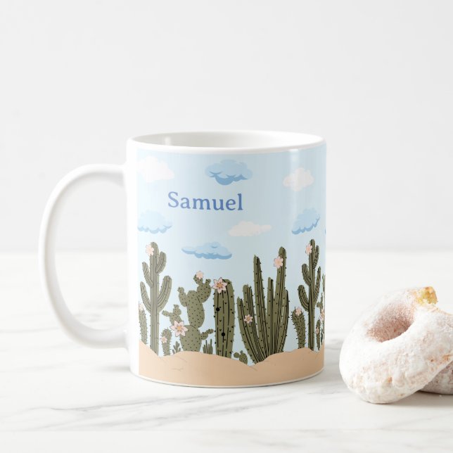 Wild Desert with Cactus Cute Personalized Name Coffee Mug (With Donut)