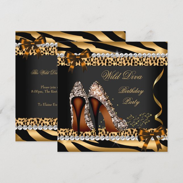 Wild Diva Leopard Zebra Hi Heels Birthday Party 3a Invitation (Front/Back)
