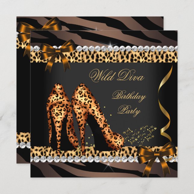 Wild Diva Leopard Zebra High Heels Birthday Party Invitation (Front/Back)