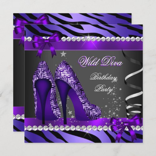 Wild Diva Purple Zebra Hi Heels Birthday Party 2 Invitation