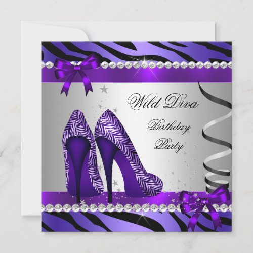 Wild Diva Purple Zebra Hi Heels Birthday Party Invitation
