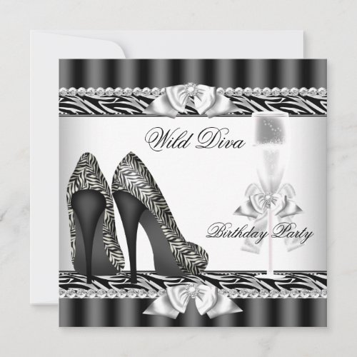 Wild Diva Zebra High Heels Champagne Party 2 Invitation
