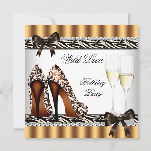 Wild Diva Zebra High Heels Champagne Party 4 Invitation