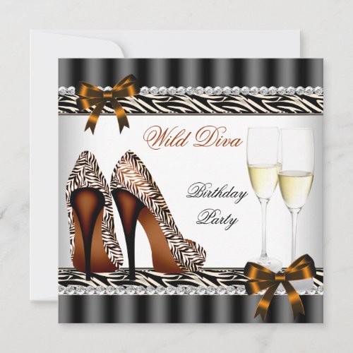 Wild Diva Zebra High Heels Champagne Party 6 Invitation