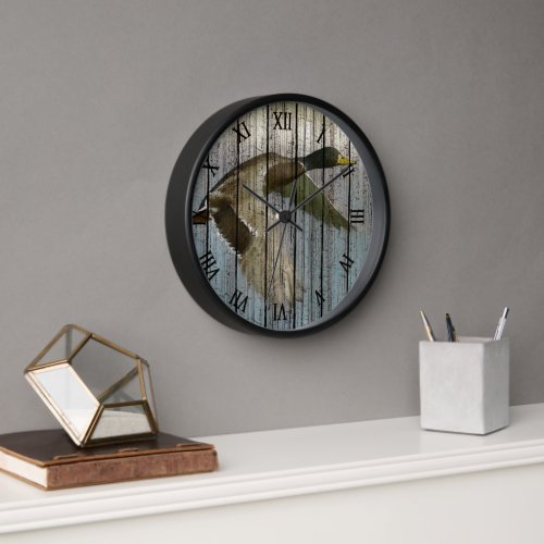Wild Duck In Flight On Weathered Wood Pattern Clock