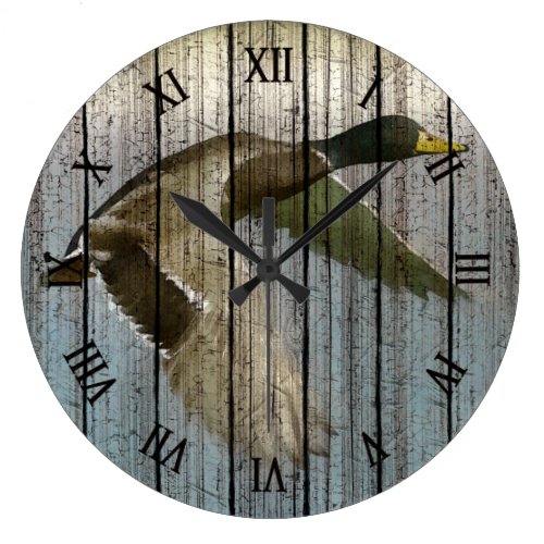 Wild Duck In Flight On Weathered Wood Pattern Large Clock