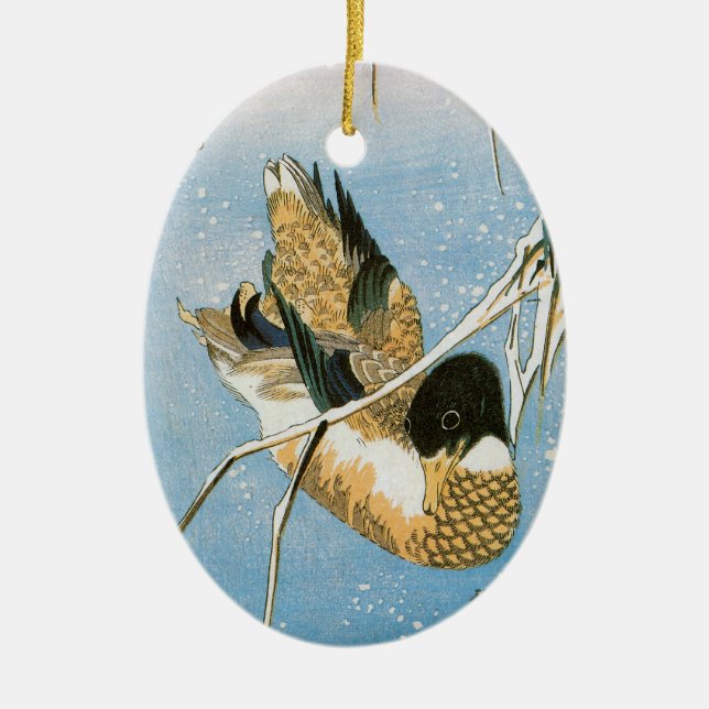 Wild Duck Swimming Snow Laden Reeds by Hiroshige Ceramic Ornament (Front)