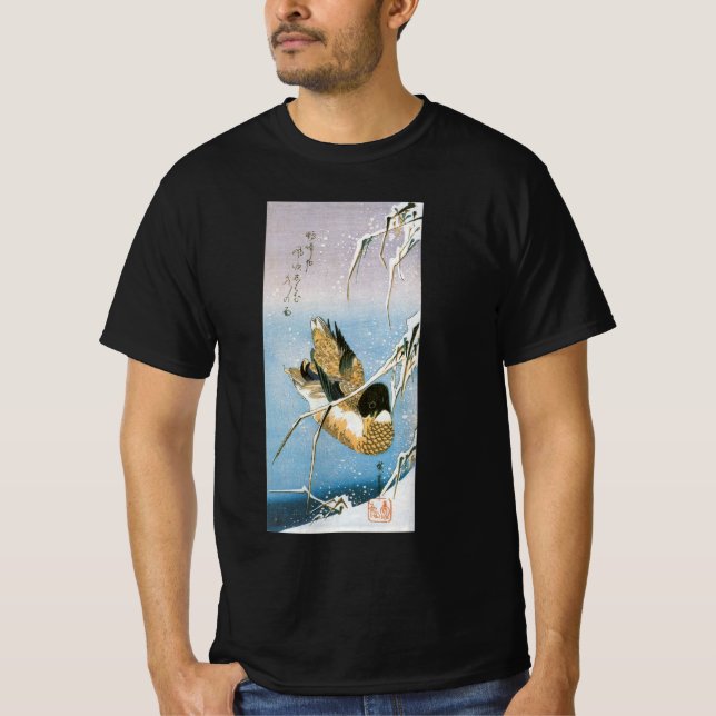 Wild Duck Swimming Snow Laden Reeds by Hiroshige T-Shirt (Front)