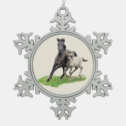 Wild Dulmen Horse Mare with Cute Foal Gallop Photo Snowflake Pewter Christmas Ornament