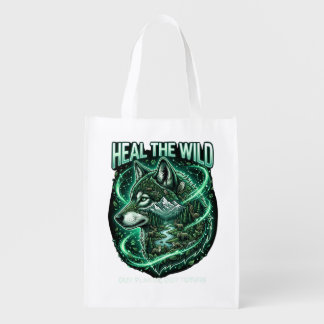Wild Earth with a majestic wolf filled with forest Grocery Bag
