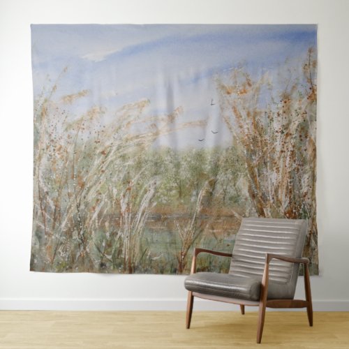 Wild Edge of a Natural Pond Watercolor Print Tapestry