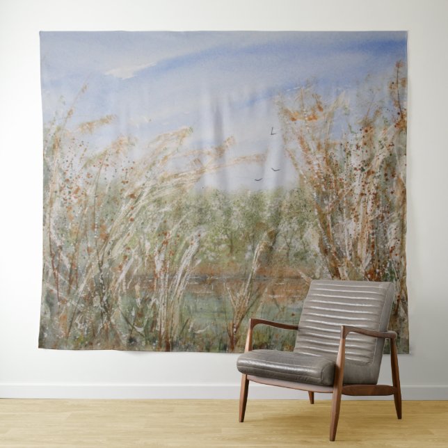 Wild Edge of a Natural Pond Watercolor Print Tapestry (In Situ (Horizontal))