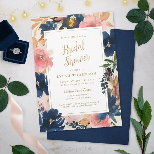Wild Elegance  Navy Blush  Gold Bridal Shower Invitation