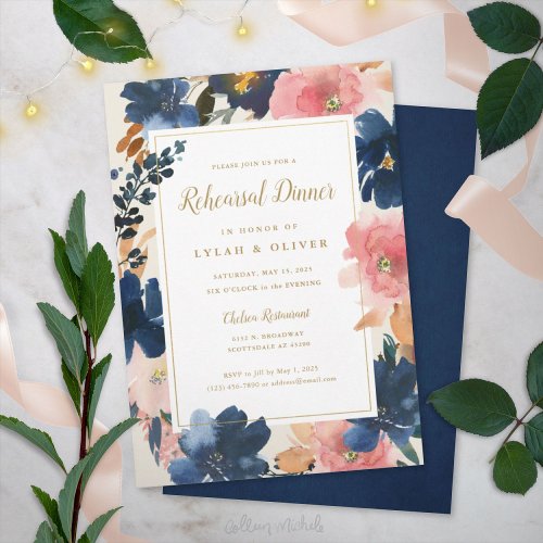 Wild Elegance  Navy Blush  Gold Rehearsal Dinner Invitation