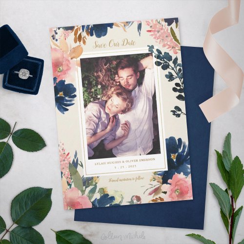 Wild Elegance  Navy Blush  Gold Save the Date Announcement