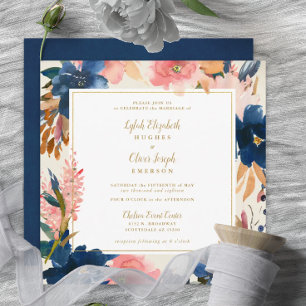 Wild Elegance Navy Blush & Gold Square Wedding I Invitation