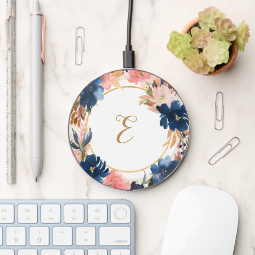 Wild Elegance  Navy Blush  Gold Square  Wireless Charger