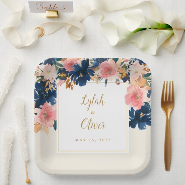 Wild Elegance | Navy Blush & Gold Wedding Paper Plates (Wedding)