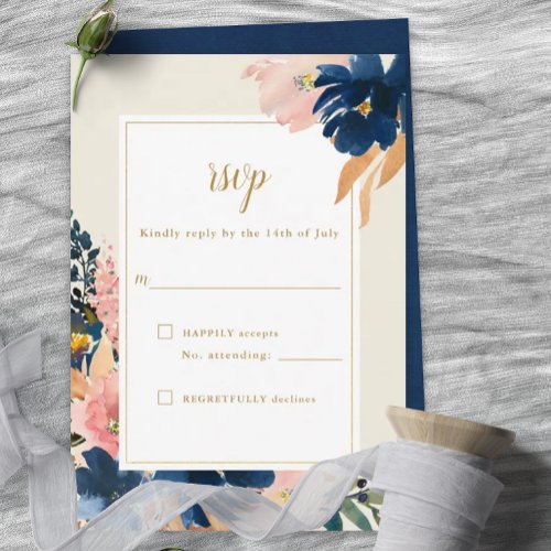 Wild Elegance  Navy Blush  Gold Wedding RSVP Car