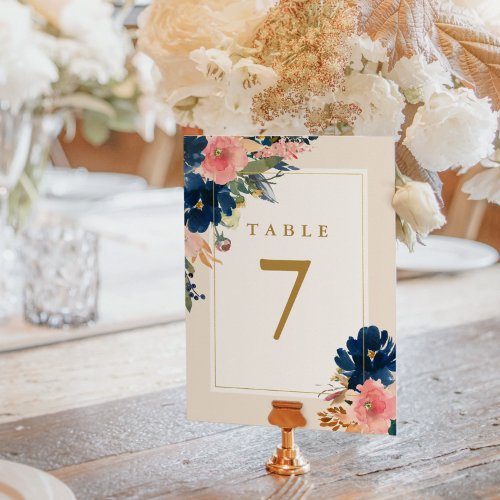 Wild Elegance  Navy Blush  Gold Wedding Table Nu Table Number