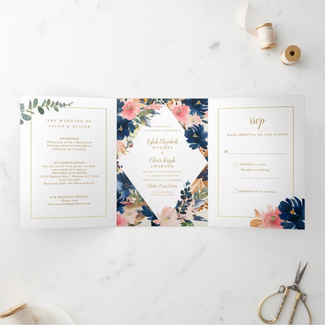Wild Elegance | Navy Blush & Gold Wedding Tri-Fold Invitation (Inside)