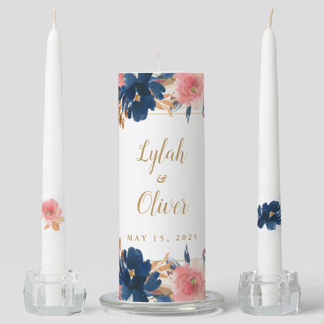 Wild Elegance | Navy Blush & Gold Wedding  Unity Candle Set (Front)