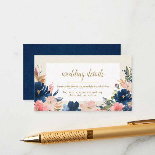 Wild Elegance  Navy Blush  Gold Wedding Website Enclosure Card