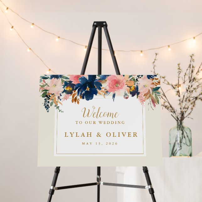 Wild Elegance | Navy Blush & Gold Wedding Welcome Foam Board (In Situ (Stand))