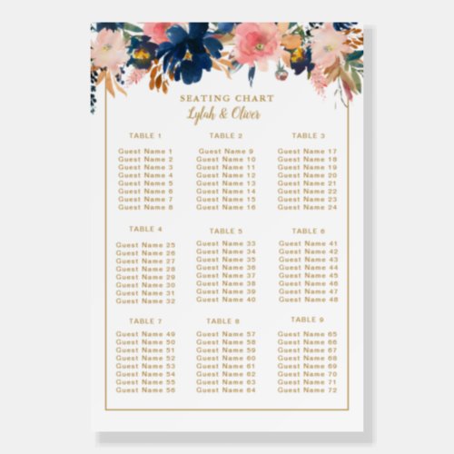 Wild Elegance Navy  Blush  Wedding Seating Chart Foam Board