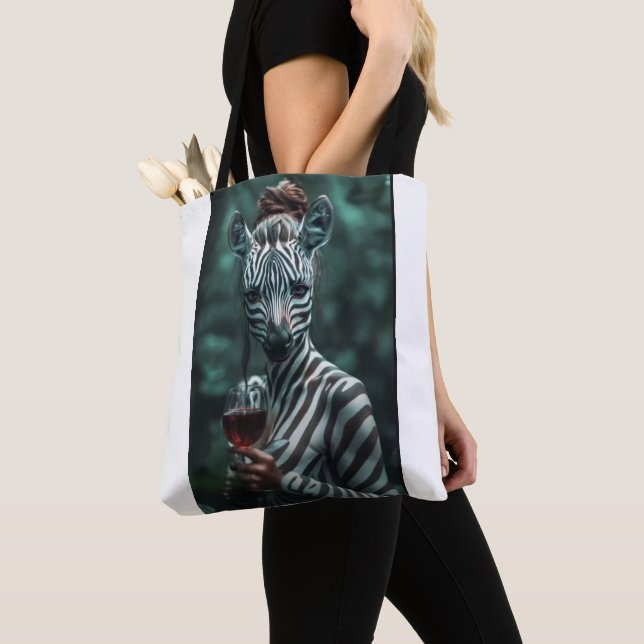 "Wild Elegance: The Zebra with the Wine Glass" Tote Bag (Close Up)