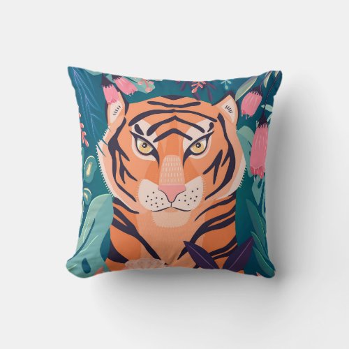 Wild Elegant Tiger in a Floral Jungle Throw Pillow