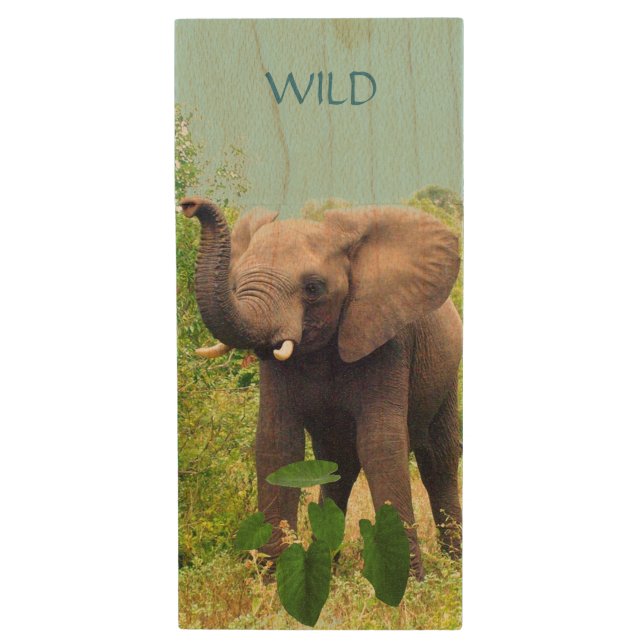 Wild elephant animal and tropical plants wood flash drive (Front Vertical)