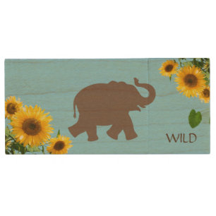 Wild elephant animal & sunflowers on light blue wood flash drive