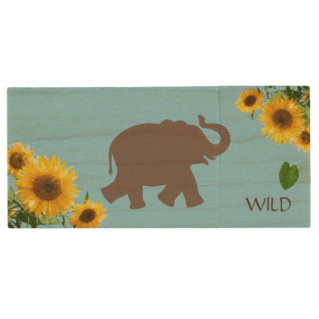 Wild elephant animal & sunflowers on light blue wood flash drive (Front)