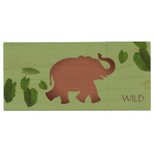 Wild elephant animal & tropical plants on green wood flash drive