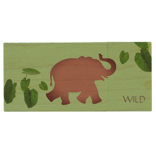 Wild elephant animal & tropical plants on green wood flash drive (Front)