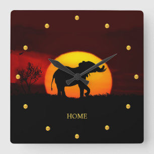 Wild elephant, golden dots & sunrise on a jungle square wall clock