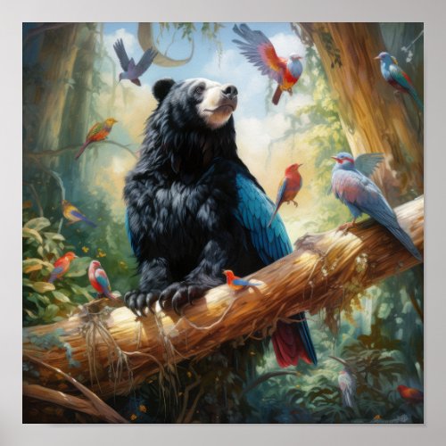 Wild Encounter Bear and Bird in Nature Poster