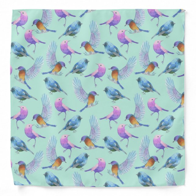 Wild Exotic Birds Colorful Watercolor Pattern Bandana (Front)