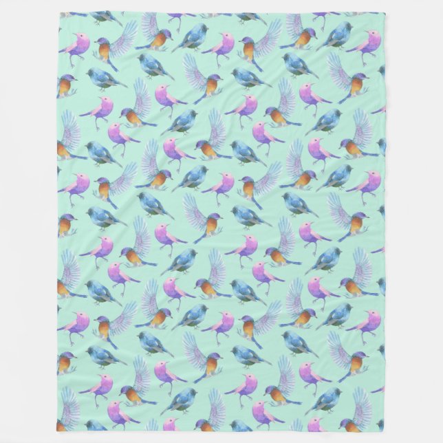 Wild Exotic Birds Colorful Watercolor Pattern Fleece Blanket (Front)