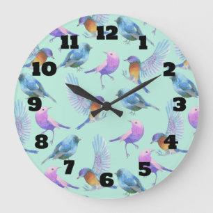 Wild Exotic Birds Colorful Watercolor Pattern Large Clock